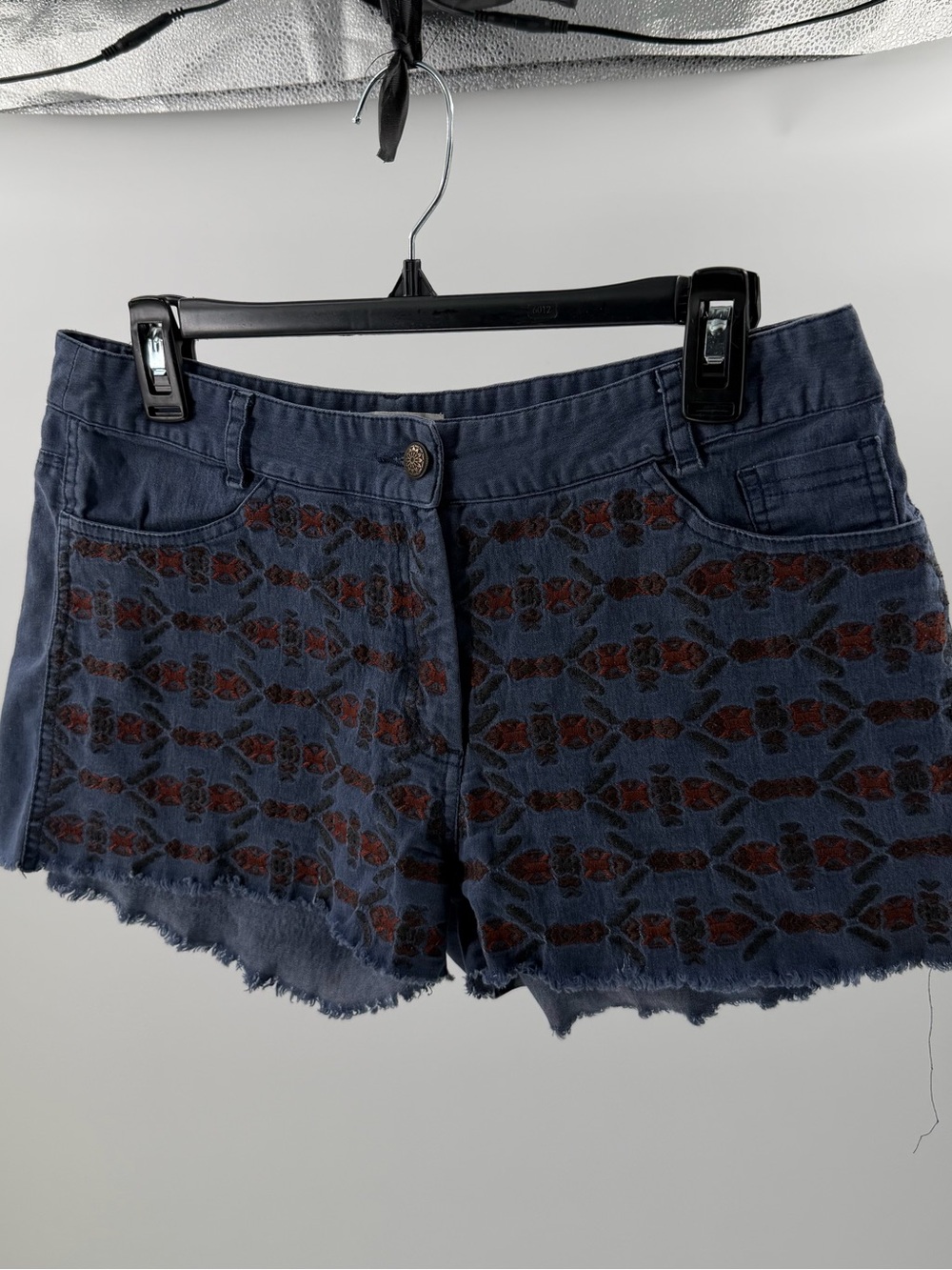 Umgee Boho Granola Navy Denim Shorts with Embroidery and cutoff frayed hem